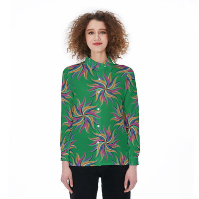 Retro 60's 70's Hipster Flower Green Star Pattern Women's Shirt