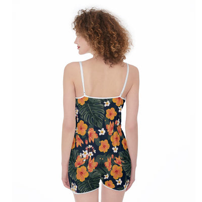 Tropical Hibiscus Frangipani Flower Floral Print Jumpsuit Romper Women's Suspender Shorts