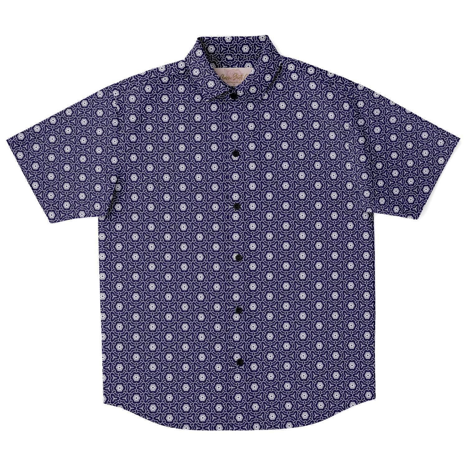 Navy Blue Floral Geometric Print Men's Short Sleeve Button Down Shirt - kayzers