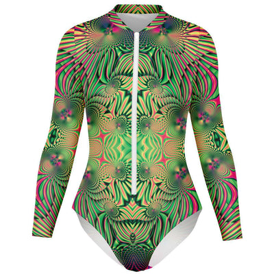 Kaleidoscopic Fractal Dimensions Long Sleeve Zipper Bodysuit - kayzers