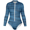 Abstract Plaid Geometric Grungy Lines Blue Black Shades Faded Zipper Bodysuit - kayzers