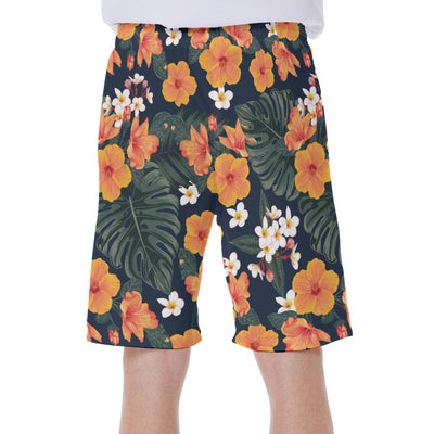 Tropical Orange Hibiscus Flowers Palm Leaves Beach Print Men's Beach Hawaiian Shorts