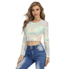 Ombre Iridescence Holographic Long Sleeves Crop Top, Ivory Pink Women's Round Neck Crop Top T-Shirt