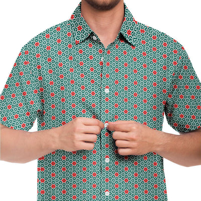 Red Emerald Green Floral Geometric Print Men's Short Sleeve Button Down Shirt - kayzers