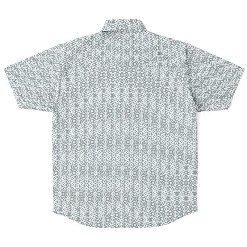 Silver Floral Geometric Print Men's Short Sleeve Button Down Shirt - kayzers