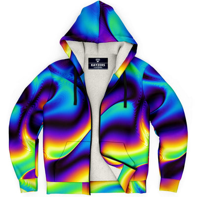 Blue Yellow Holographic Iridescence Abstract Edm Festival Microfleece Zip Up Hoodie - kayzers