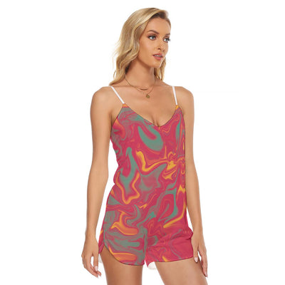 Red Smoke Liquid Abstract Sunset Paint Yellow Ombre Iridescence Print Women's V-neck Cami Romper