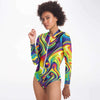 Abstract Liquid Psychedelic Print Swirl Waves Festival Rave Dmt Lsd Long Sleeve Bodysuit With Zipper - kayzers