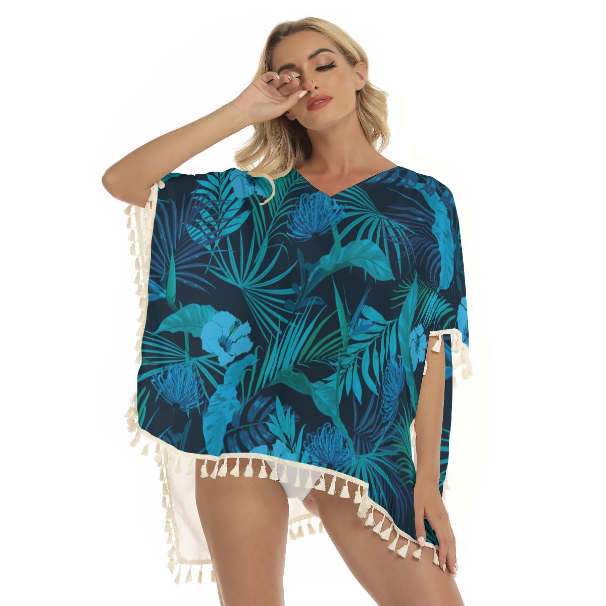 Blue Tropical Palm Leaves Beach Floral Flowers Print Women's Square Fringed Shawl, Bikini Cover Up