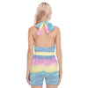 Colorful Rainbow Clouds Vanilla Sky Glitter Ombre Iridescence Print Women's Cross Collar Jumpsuit