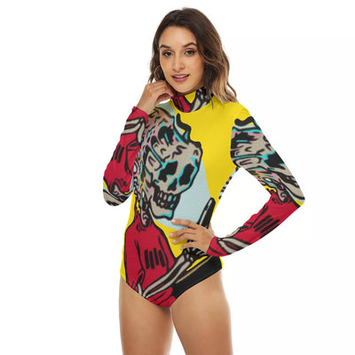 Skull Art Pop Print Women's Turtleneck Long Sleeve Bodysuit