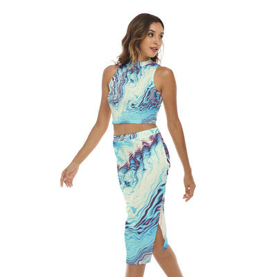 Aqua Blue Marble Pattern Women's Tank Top & Split High Skirt Set