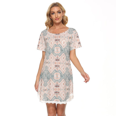 Red Teal Boho Aesthetic Print Women's Dress With Lace Edge