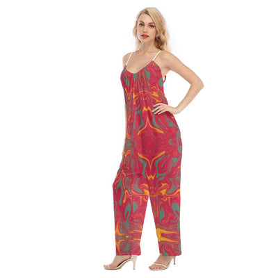 Candy Pop Red Liquid Abstract Sunset Paint Yellow Ombre Reflective Print Women's Loose Cami Jumpsuit