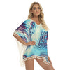 Abstract Aqua Blue Marble Liquid Print Women's Square Fringed Shawl, Bikini Cover Up