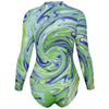 Mint Green Halftone Waves Swirls Twirl Psychedelic Marble Abstract Grunge Art Designer Brand UV Protection Full Sleeve Bodysuit - kayzers