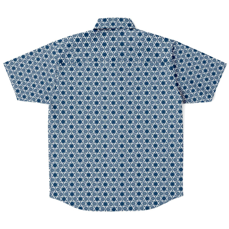 Blue White Geometric Star Flower Print Men's Short Sleeve Button Down Shirt - kayzers