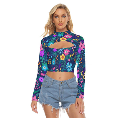 Urban Bright Colorful Floral Doodle Flowers Funky Edgy Print Women's Hollow Chest Tight Crop Top