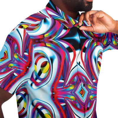 Rave Festival Wavy Stripes Lines Tropical Colorful Men's Short Sleeve Button Down Shirt - kayzers