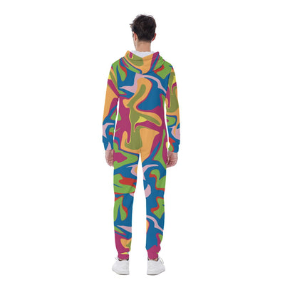 Colorful Urban Camo Abstract Shapes Liquid Paint Effect Red Green Blue Print Men's Hooded Jumpsuit