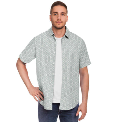 Pistachio Green White Floral Geometric Print Men's Short Sleeve Button Down Shirt - kayzers