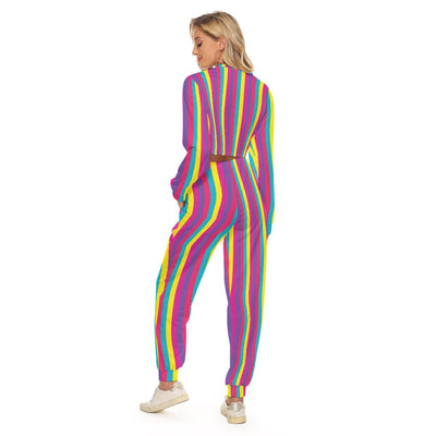 Colorful Stripes Print Women's Crop Sweatshirt Pants Suit, Striped Matching Two Piece Set