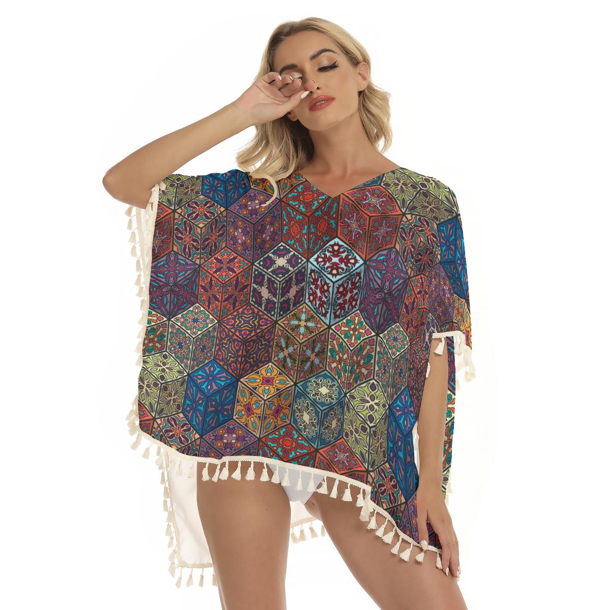 Bohemian Mandala Geometric Elements Boho Print Women's Square Fringed Shawl, Bikini Cover Up
