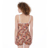 Peach Floral Print Jumpsuit Romper Women's Suspender Shorts