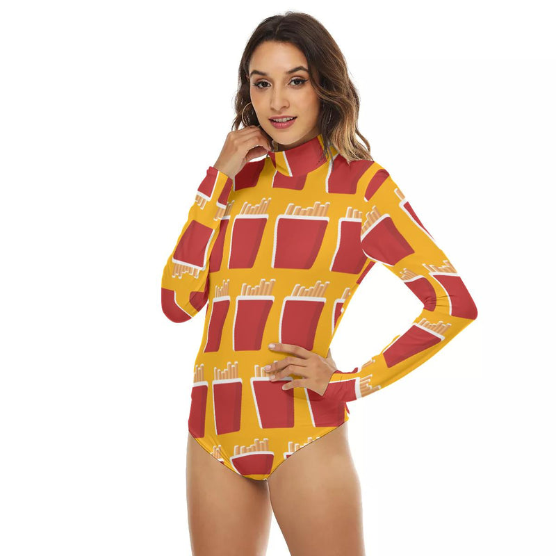French Fries Print Women's Turtleneck Long Sleeve Bodysuit