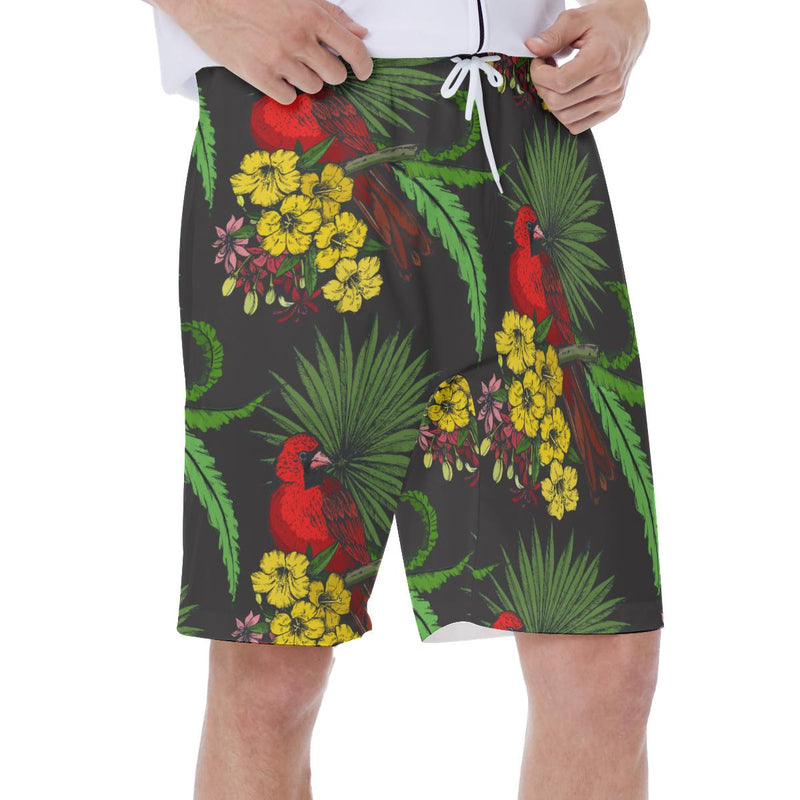Tropical Palm Leaves Yellow Flowers Floral Macaw Beach Print Men's Beach Shorts
