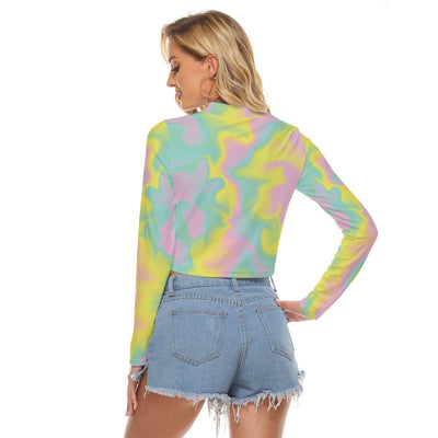 Yellow Mint Green Iridescence Ombre Holographic Cloud Print Women's Hollow Chest Tight Crop Top