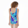 Blue Purple Abstract Waves Print One-Piece Swimsuit, Abstract Paint Psychedelic One Piece Swimsuit