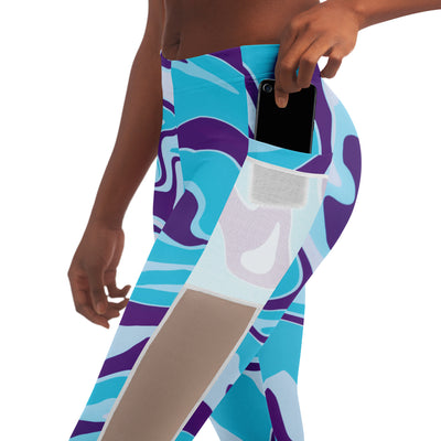 Blue Purple Urban Camo Mesh Pocket Leggings, Abstract Liquid Animal Print Leggings - kayzers