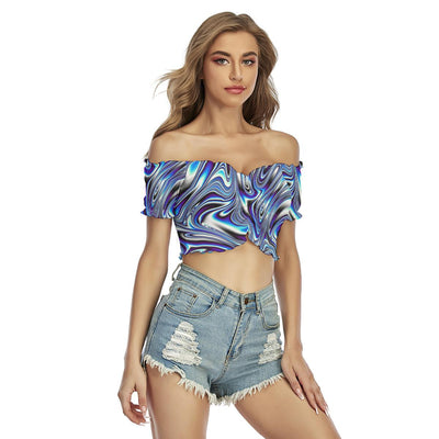 Blue Liquid Paint Abstract Waves Psychedelic Print Women's Off-Shoulder Blouse