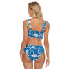 Waves Print Women's Crop Top Swimwear Suit, Blue Ocean Waves Two Piece Swimsuit Set