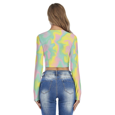 Pink Mint Green Yellow Tinge Hues Ombre Iridescence Print Women's Round Neck Crop Top T-Shirt