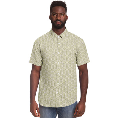 Light Lime Green Floral Geometric Print Men's Short Sleeve Button Down Shirt - kayzers