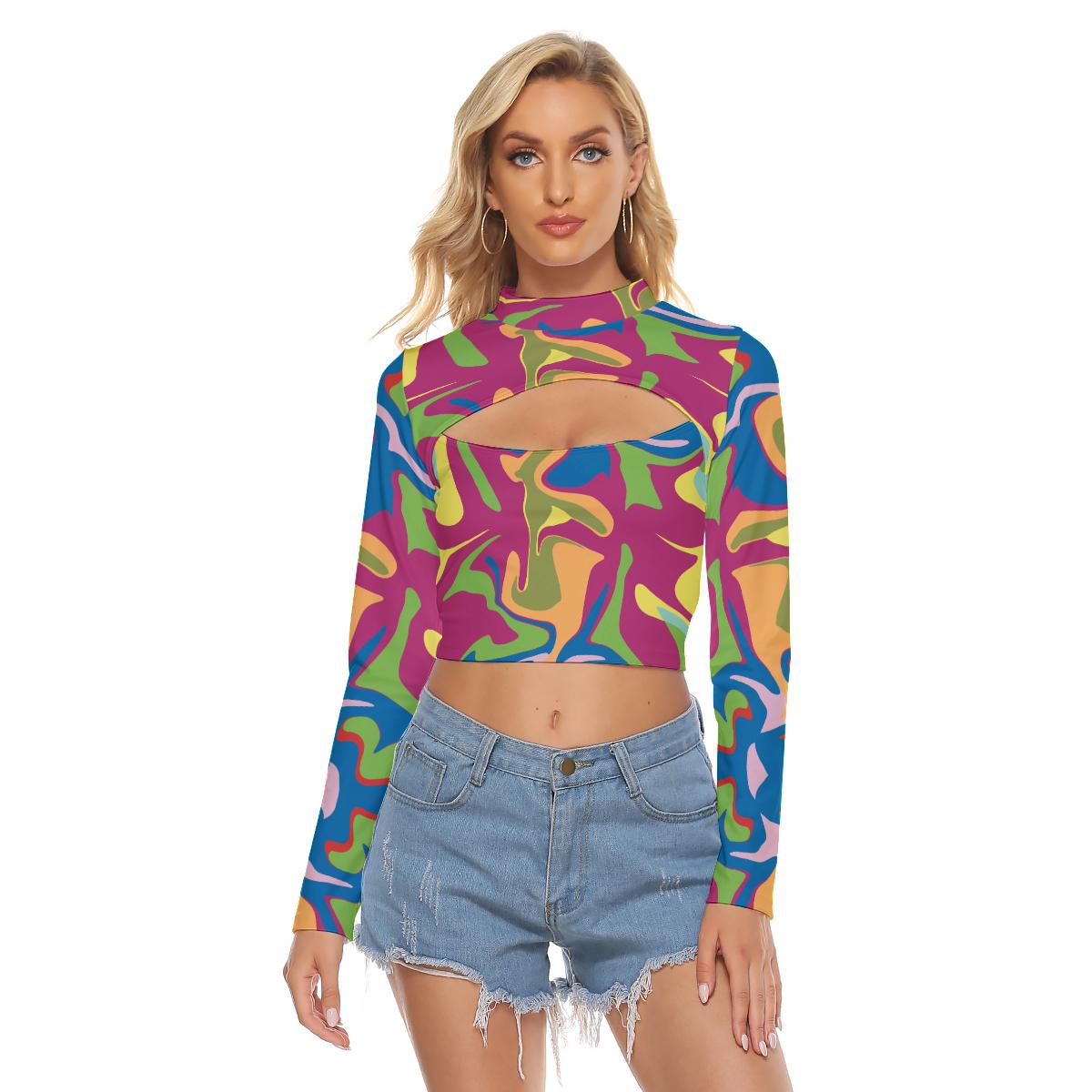 Psychedelic Trippy Urban Camo Colorful Funky Edgy Sexy Print Women's Hollow Chest Tight Crop Top