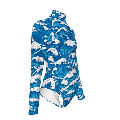 Ocean Kanagawa Waves Beach Print Women's Turtleneck Long Sleeve Bodysuit