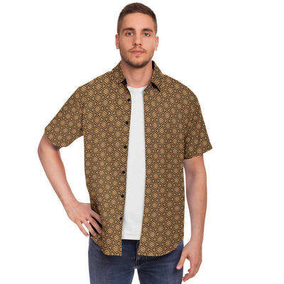 Tiger Brown Geometric Floral Men's Short Sleeve Button Down Shirt - kayzers