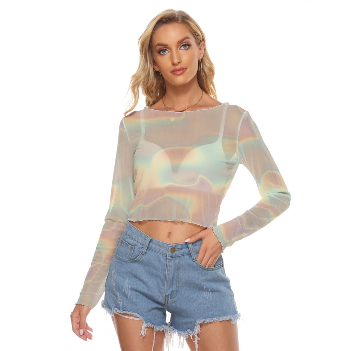 Ombre Iridescence Holographic Long Sleeves Mesh Top, Ivory Pink