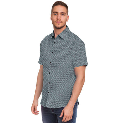 Grey Floral Geometric Print Men's Short Sleeve Button Down Shirt - kayzers