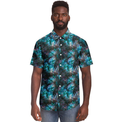 Blue Galaxy Space Stars Print Men's Short Sleeve Button Down Shirt - kayzers