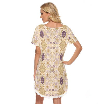 Mustard Plum Boho Print Women's Dress With Lace Edge