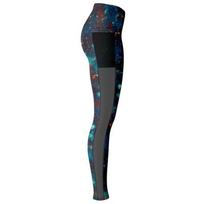 Blue Sky Galaxy Stars Space Abstract Red Ombre Clouds Print Mesh Pocket Leggings - kayzers
