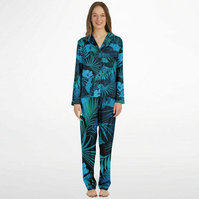 Blue Tint Floral Tropical Leaves Print 2 pc Matching Satin Pajamas Set - kayzers