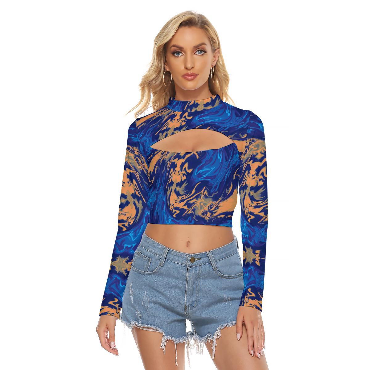 Blue Abstract Marble Waves Funky Trippy Psychedelic Print Women's Hollow Chest Tight Crop Top