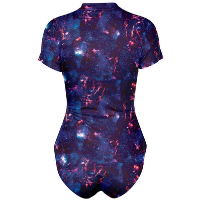Abstract Alien Galaxy Print Women's Short Sleeve Bodysuit With UV Protection - kayzers