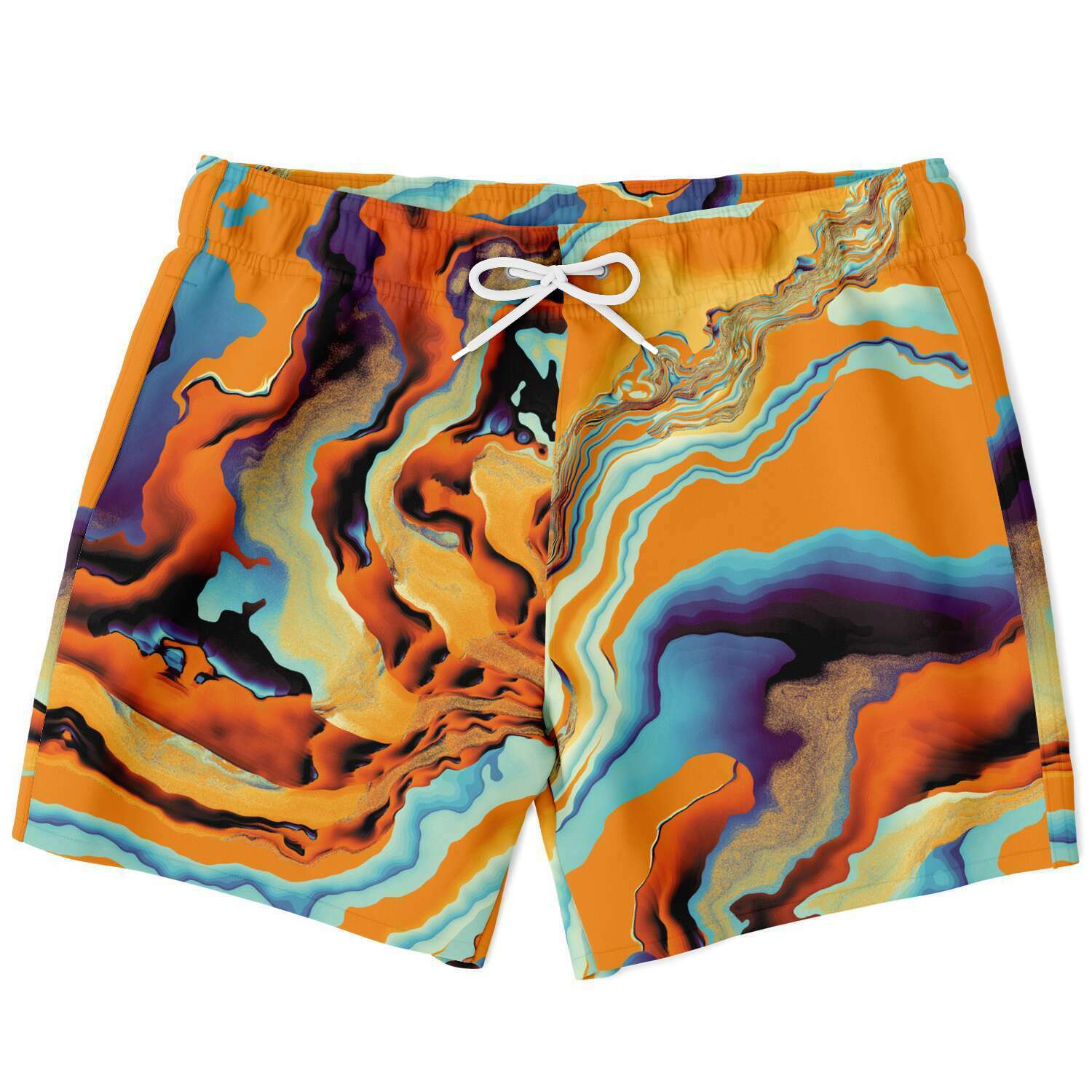 Orange Marble Psychedelic Glitch Synth Waves Swim Trunks, Swim Shorts, Surf Shorts - kayzers