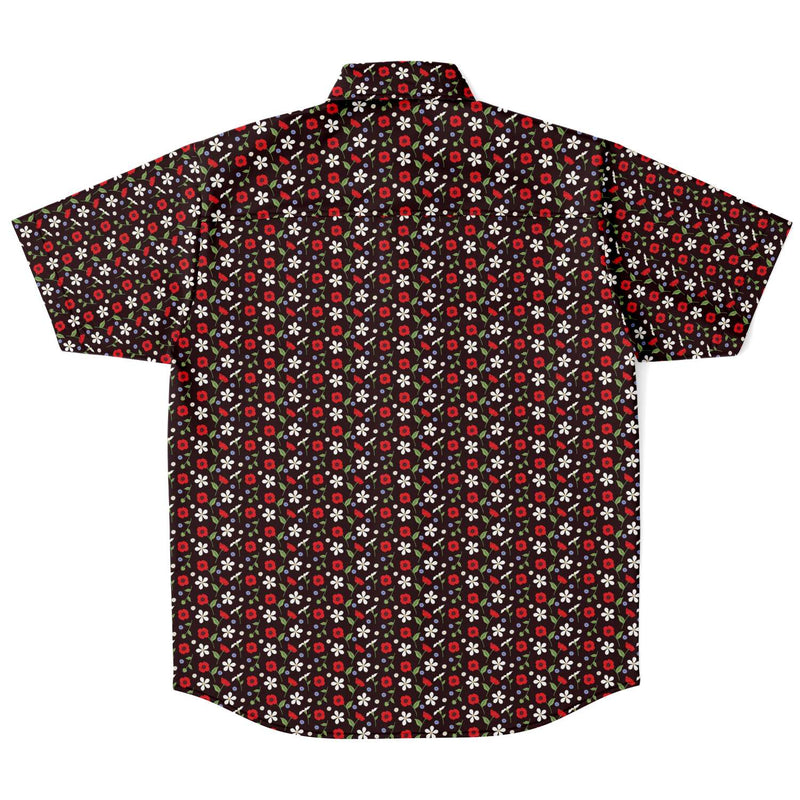 Red White Floral Print Men's Short Sleeve Button Down Shirt - kayzers